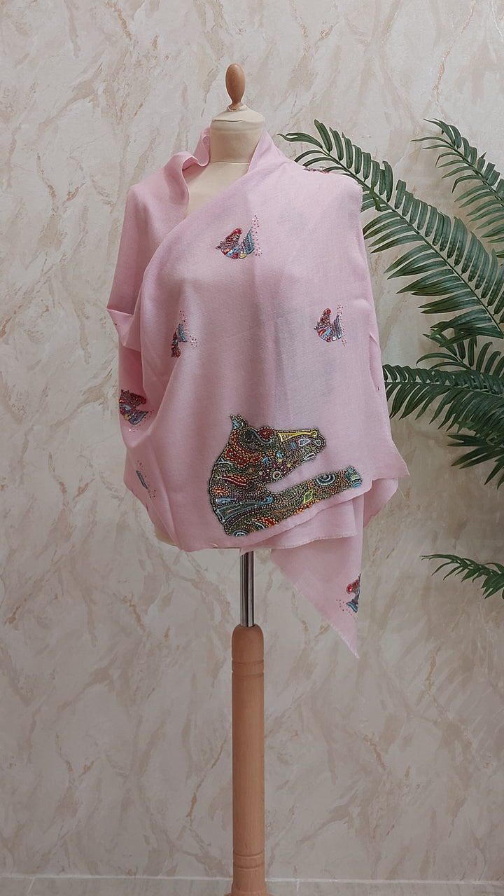Pastel Pink Horse Motif Pashmina Scarf | House of Inaayat