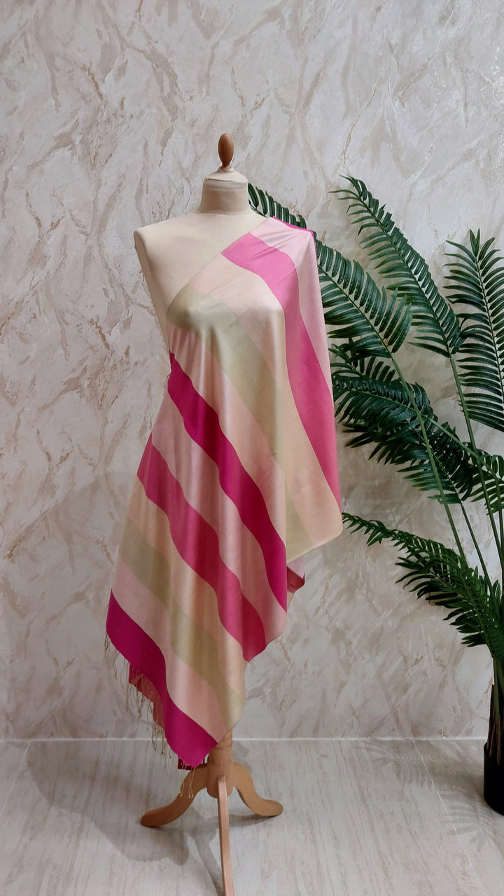 Vibrant Pink & Creme Striped  Silk Scarf|House of Inaayat