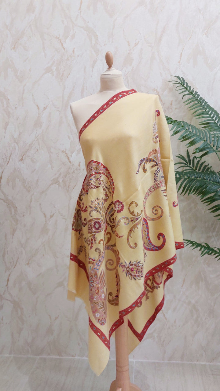 Shipra Citrus Yellow Paisley Embroidered Pashmina Scarf | House of Inaayat