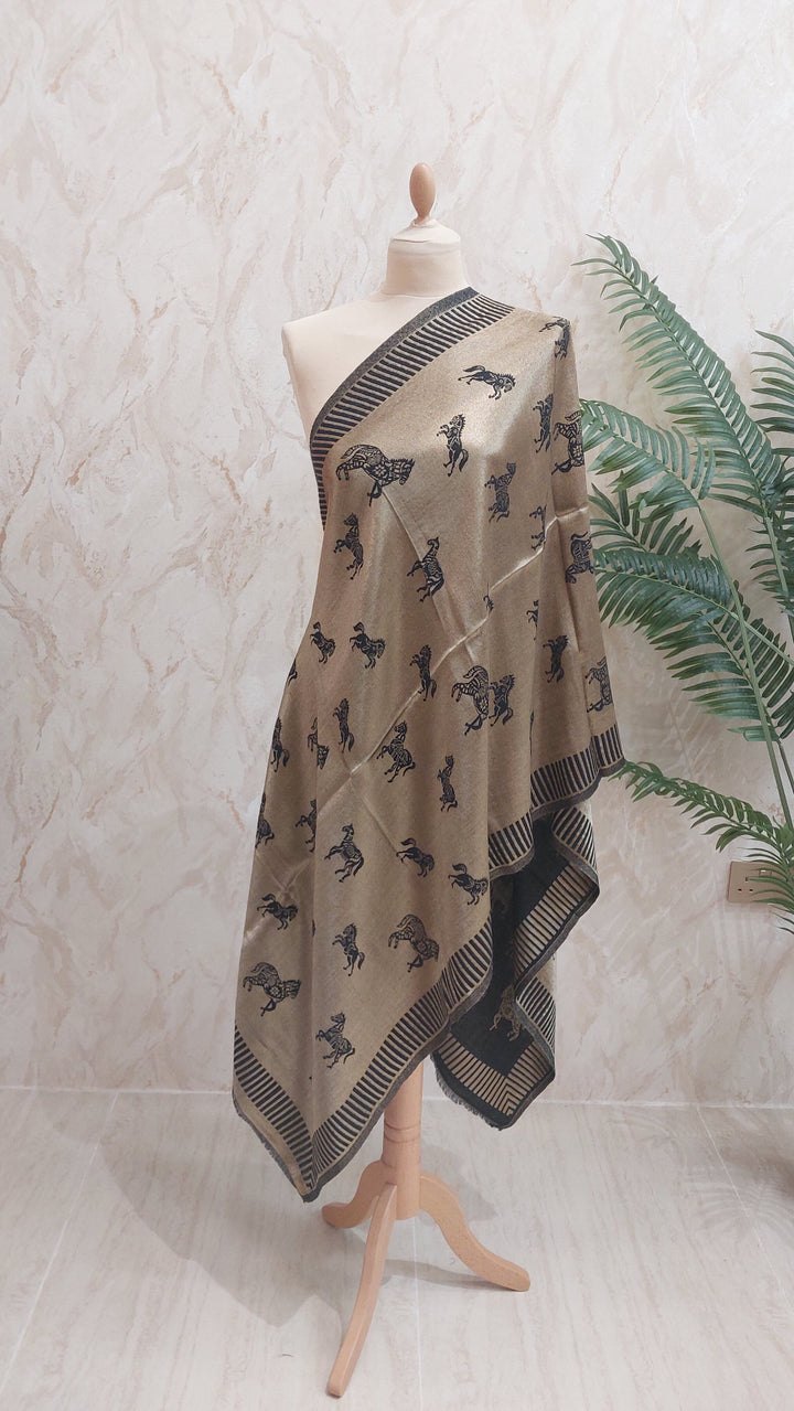 Black Cashmere Horse Scarf |House of Inaayat