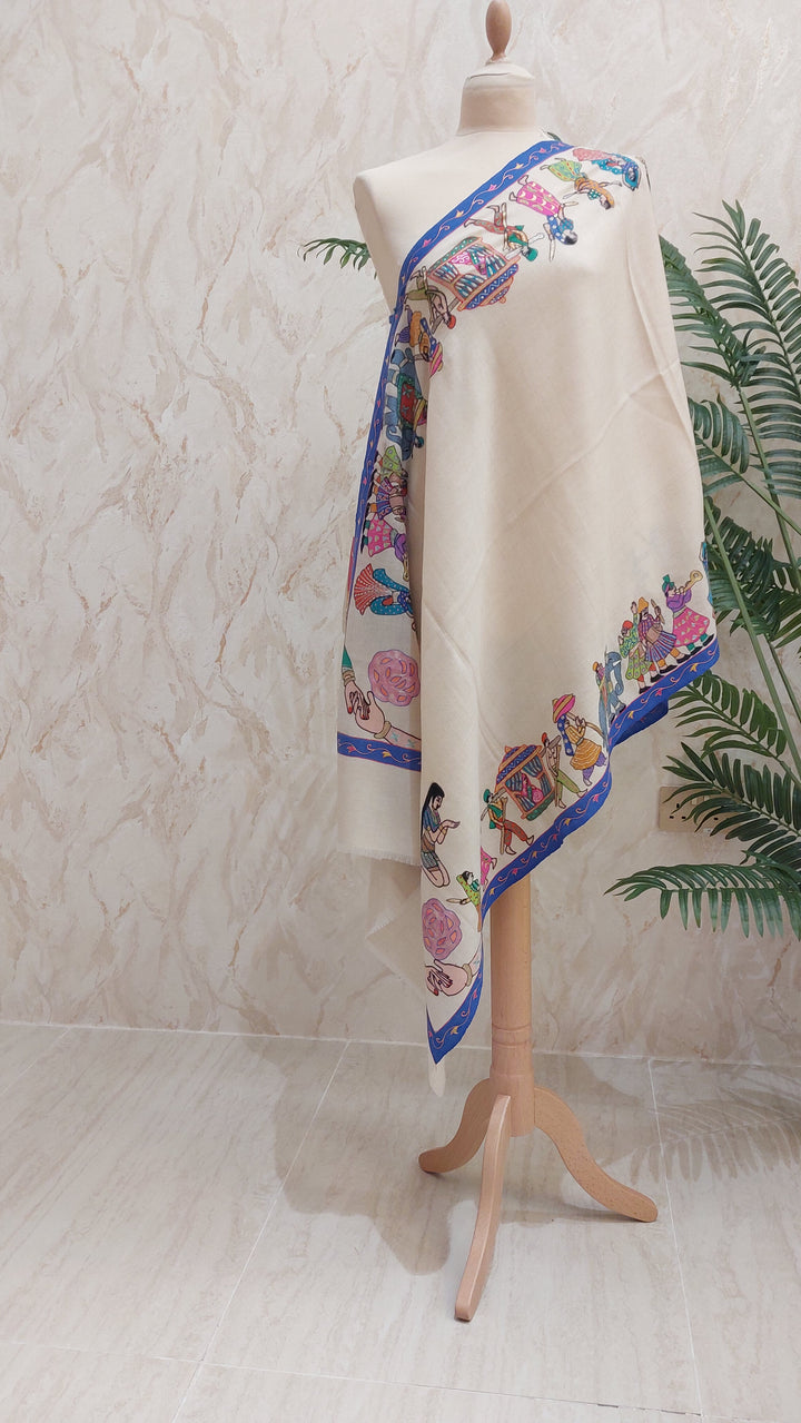 Shipra  Ivory Pashmina Scarf with Heritage Palki Embroidery | House of Inaayat
