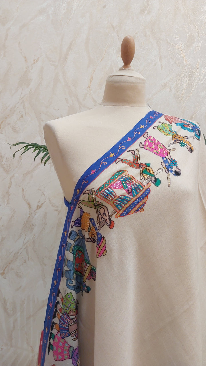 Shipra  Ivory Pashmina Scarf with Heritage Palki Embroidery | House of Inaayat