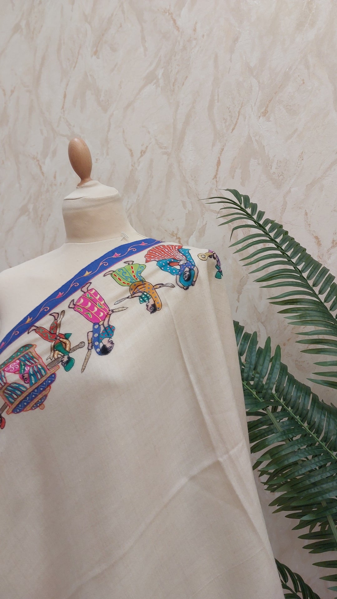 Shipra  Ivory Pashmina Scarf with Heritage Palki Embroidery | House of Inaayat