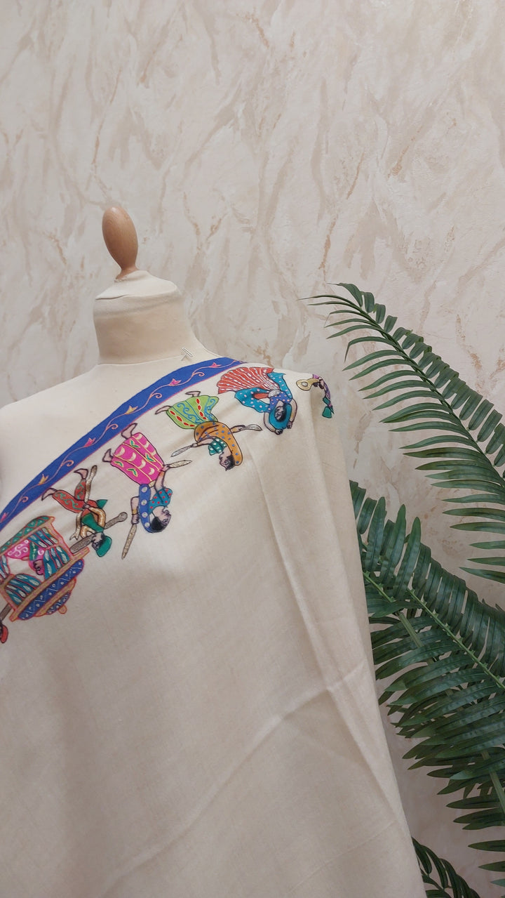 Shipra  Ivory Pashmina Scarf with Heritage Palki Embroidery | House of Inaayat
