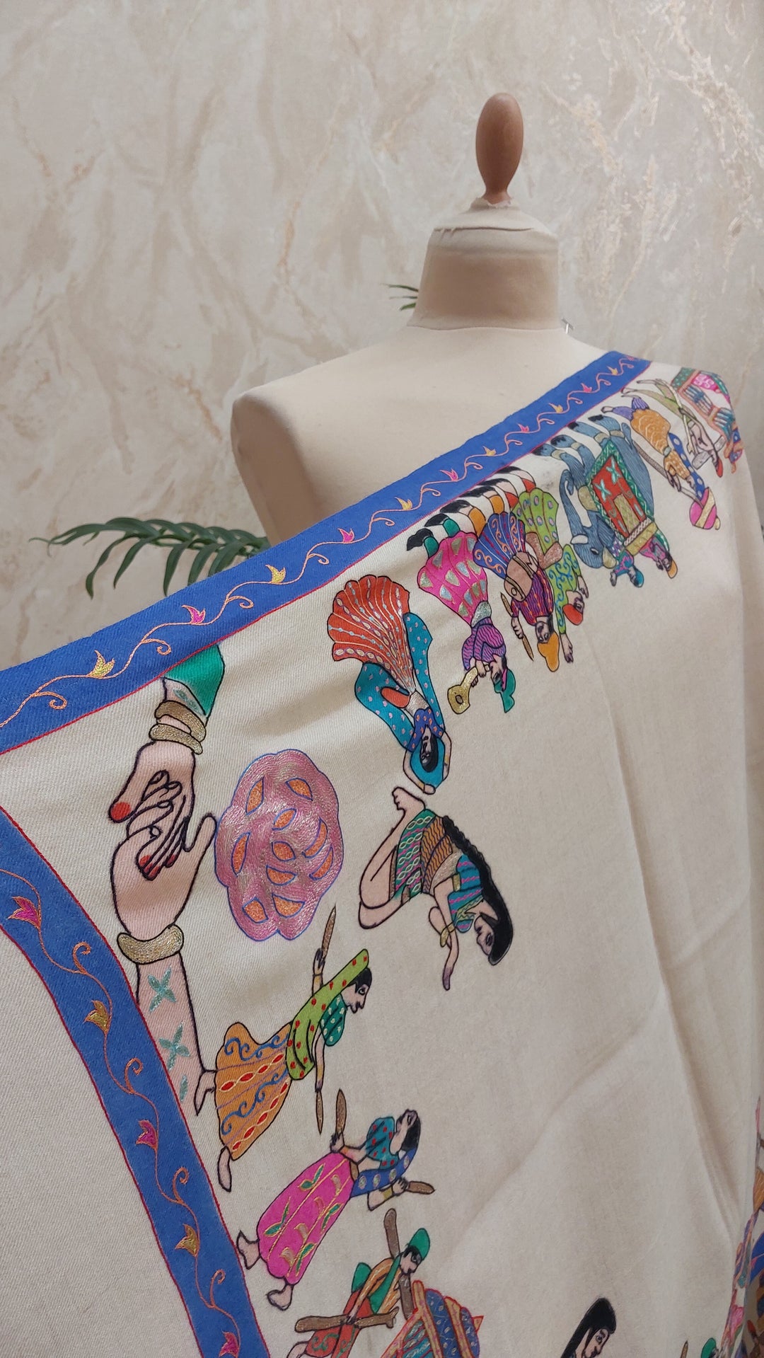 Shipra  Ivory Pashmina Scarf with Heritage Palki Embroidery | House of Inaayat