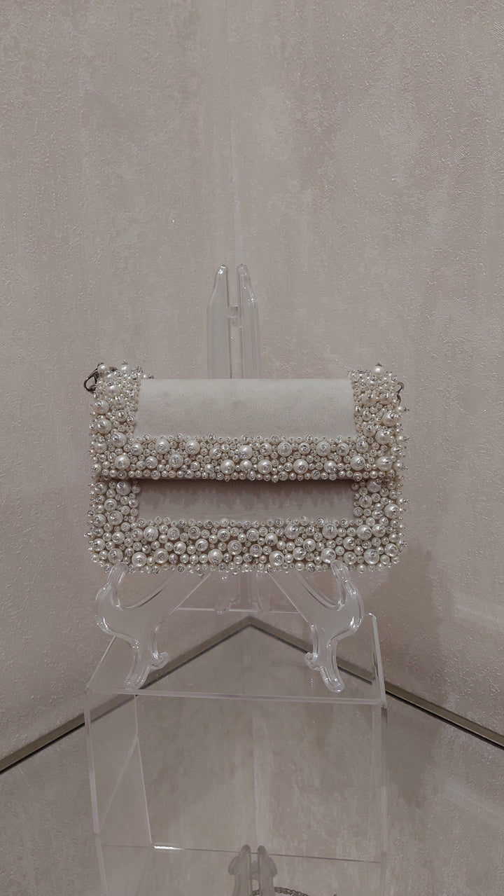 Ivory Pearl-Bordered Evening Flap Bag| Al Falah