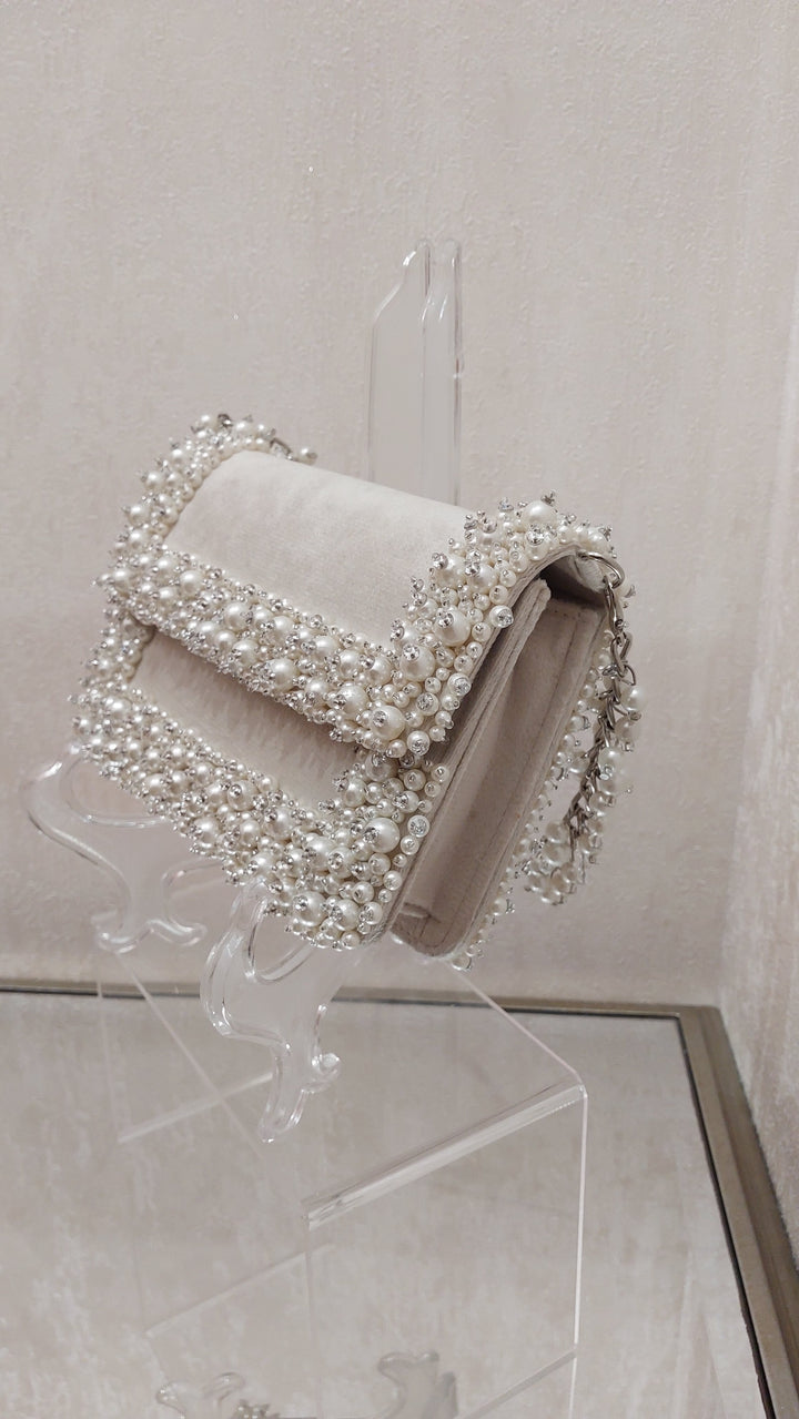 Ivory Pearl-Bordered Evening Flap Bag| Al Falah