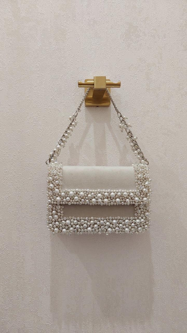 Ivory Pearl-Bordered Evening Flap Bag| Al Falah