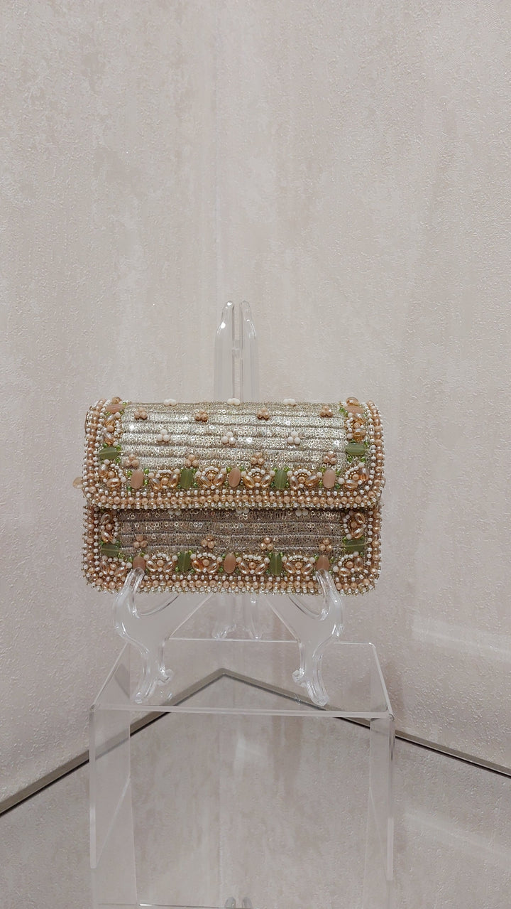 Shimmering Metallic and Gemstone Embellished Flap Bag| Al Falah