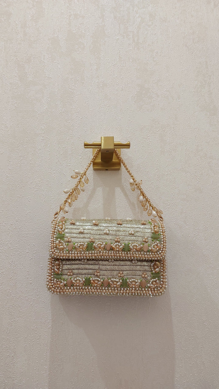Shimmering Metallic and Gemstone Embellished Flap Bag| Al Falah