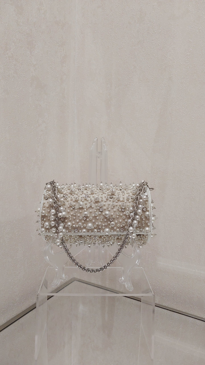 Ivory Pearl & Crystal Embellished Cylinder Clutch| Al Falah