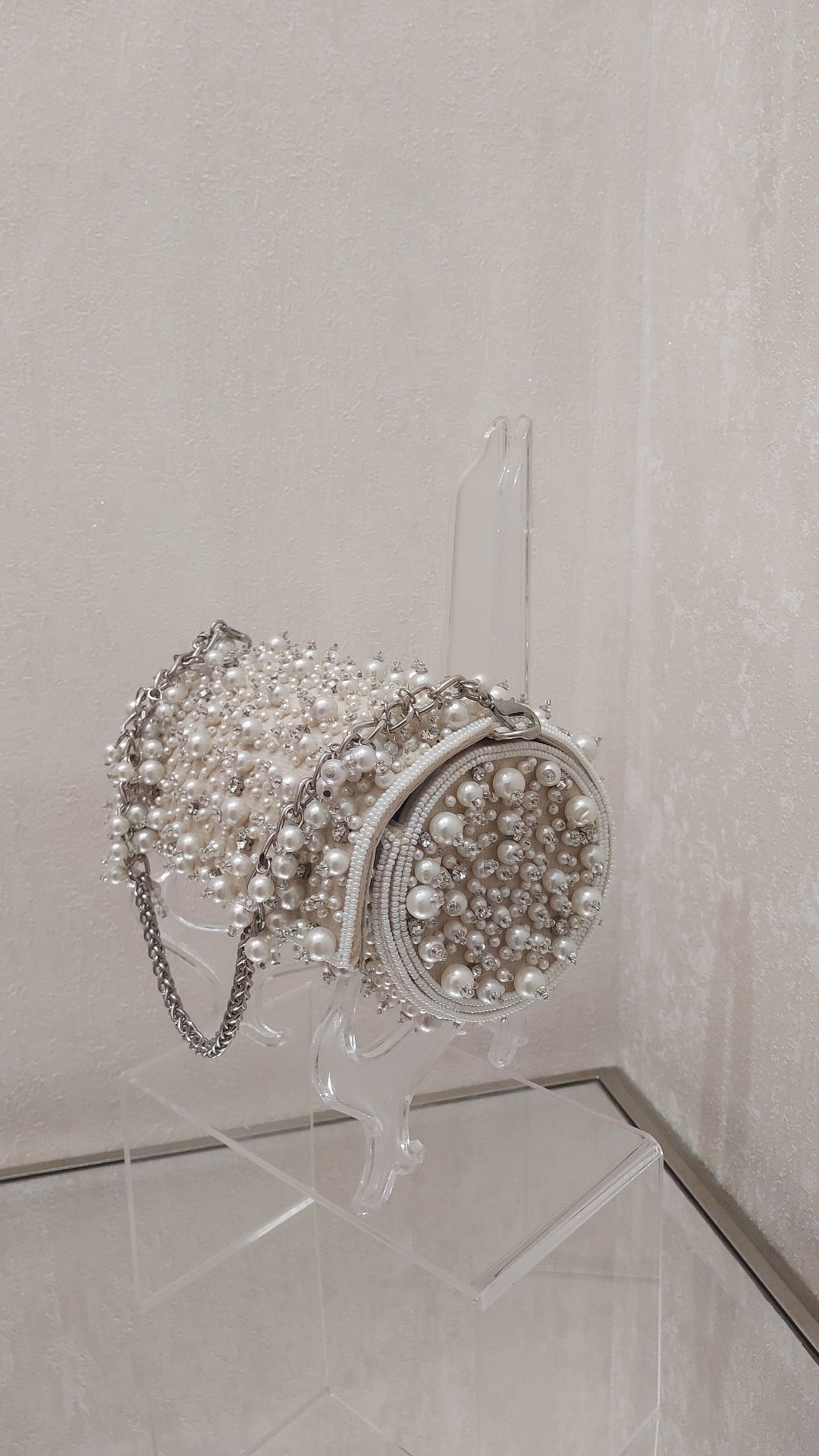 Ivory Pearl & Crystal Embellished Cylinder Clutch| Al Falah