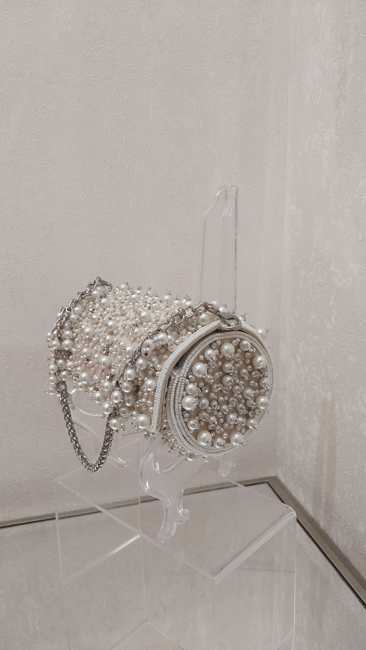 Ivory Pearl & Crystal Embellished Cylinder Clutch| Al Falah