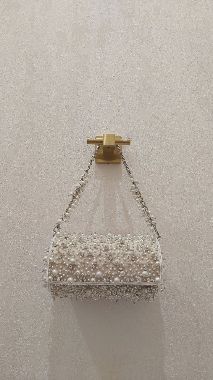 Ivory Pearl & Crystal Embellished Cylinder Clutch| Al Falah