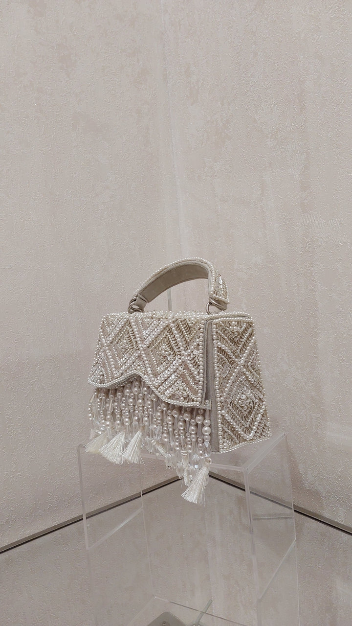 Shimmering Pearl and Crystal Beaded Evening Bag| Al Falah