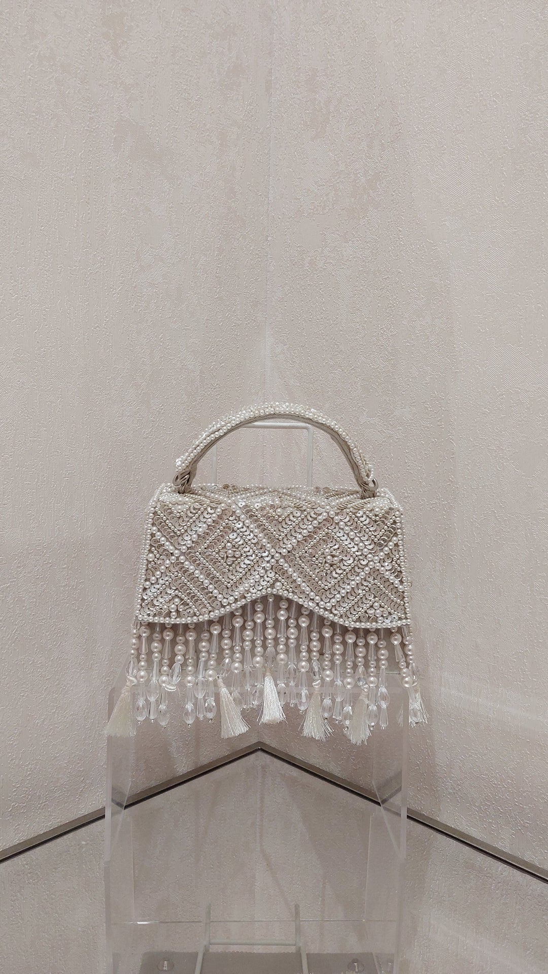 Shimmering Pearl and Crystal Beaded Evening Bag| Al Falah