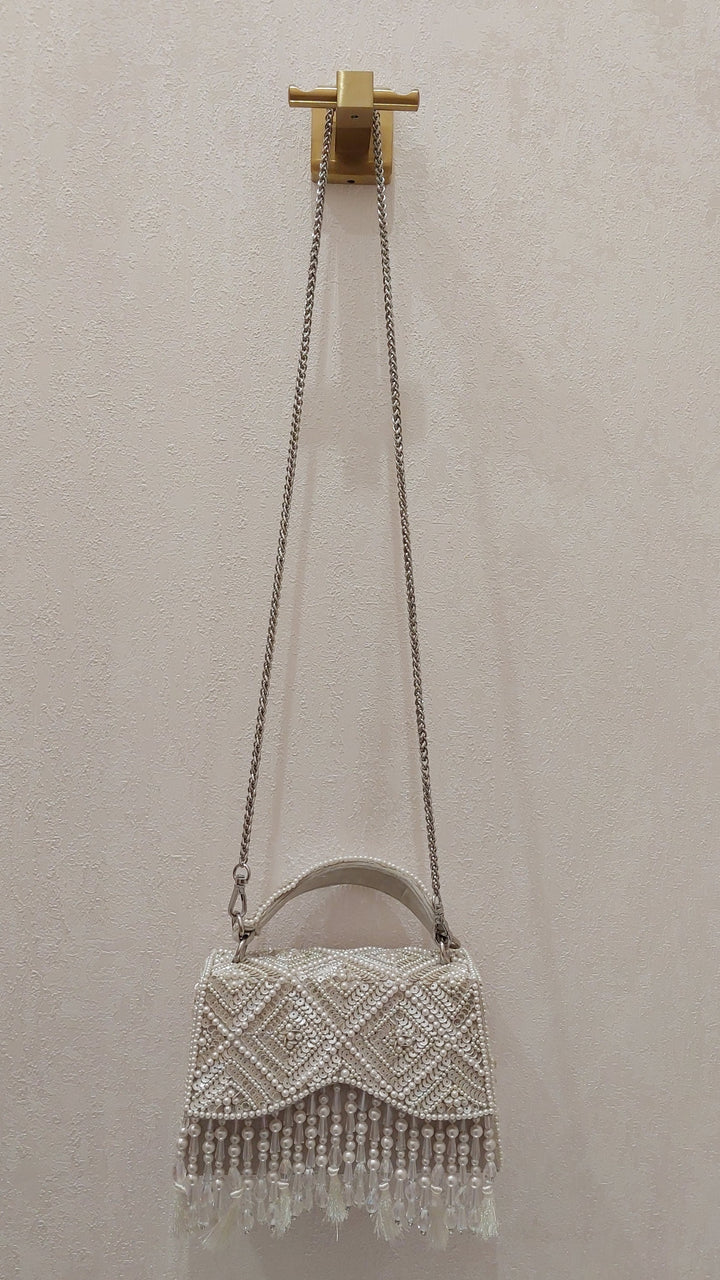 Shimmering Pearl and Crystal Beaded Evening Bag| Al Falah