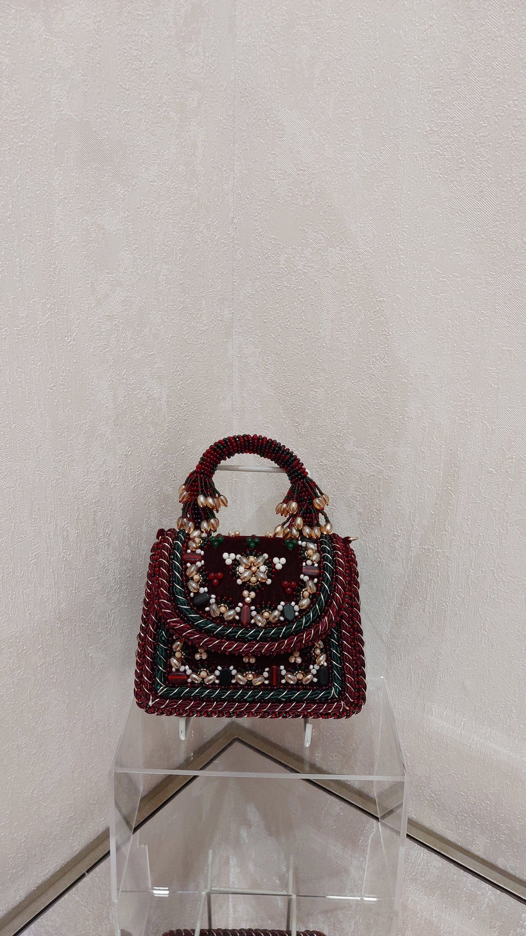 Ornate Maroon and Green Embellished Evening Bag| Al Falah