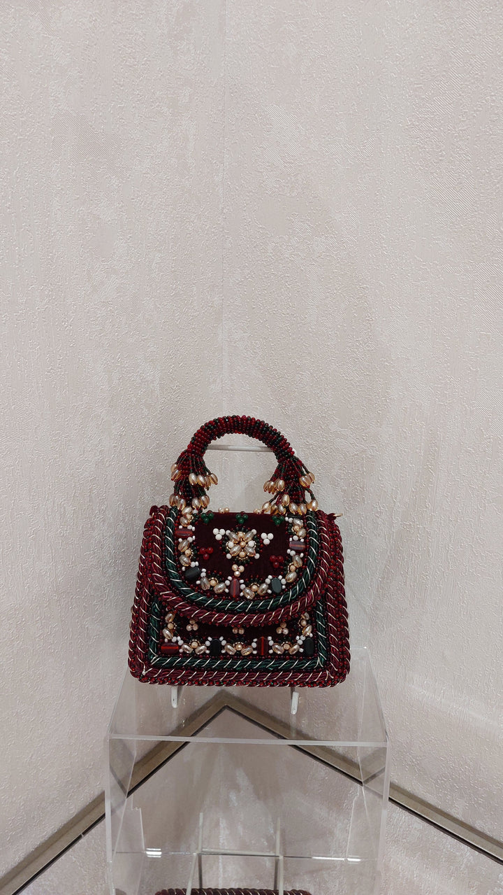 Ornate Maroon and Green Embellished Evening Bag| Al Falah