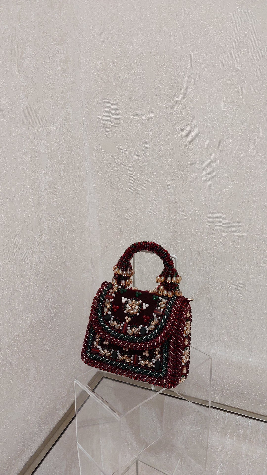 Ornate Maroon and Green Embellished Evening Bag| Al Falah