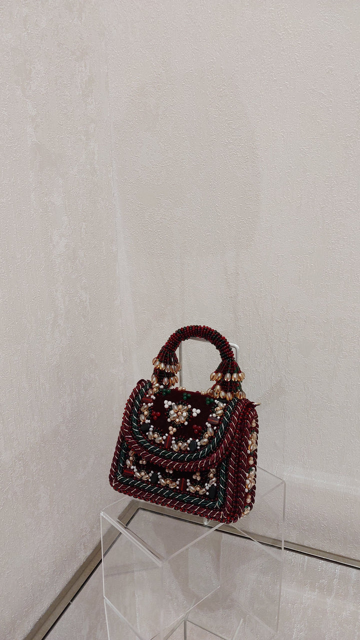 Ornate Maroon and Green Embellished Evening Bag| Al Falah