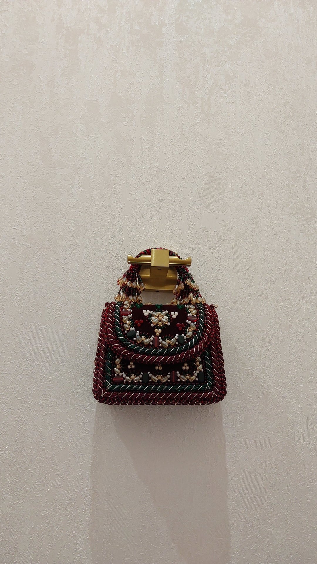 Ornate Maroon and Green Embellished Evening Bag| Al Falah