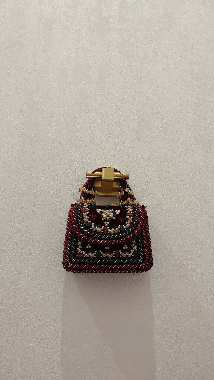 Ornate Maroon and Green Embellished Evening Bag| Al Falah