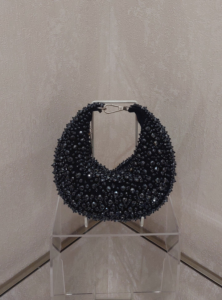 Exquisite Midnight Blue Beaded Crescent Handbag| Al Falah