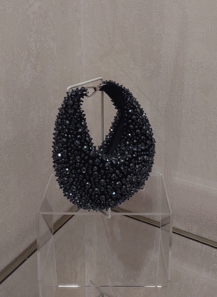 Exquisite Midnight Blue Beaded Crescent Handbag| Al Falah