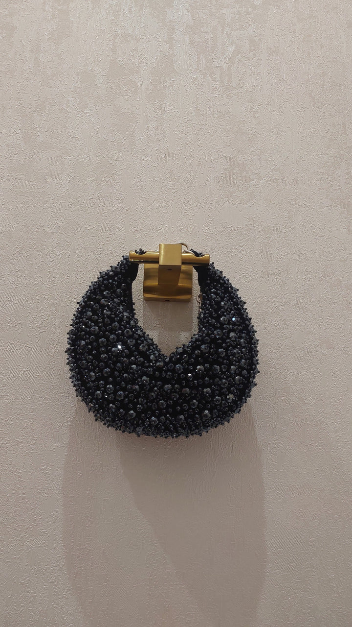 Exquisite Midnight Blue Beaded Crescent Handbag| Al Falah