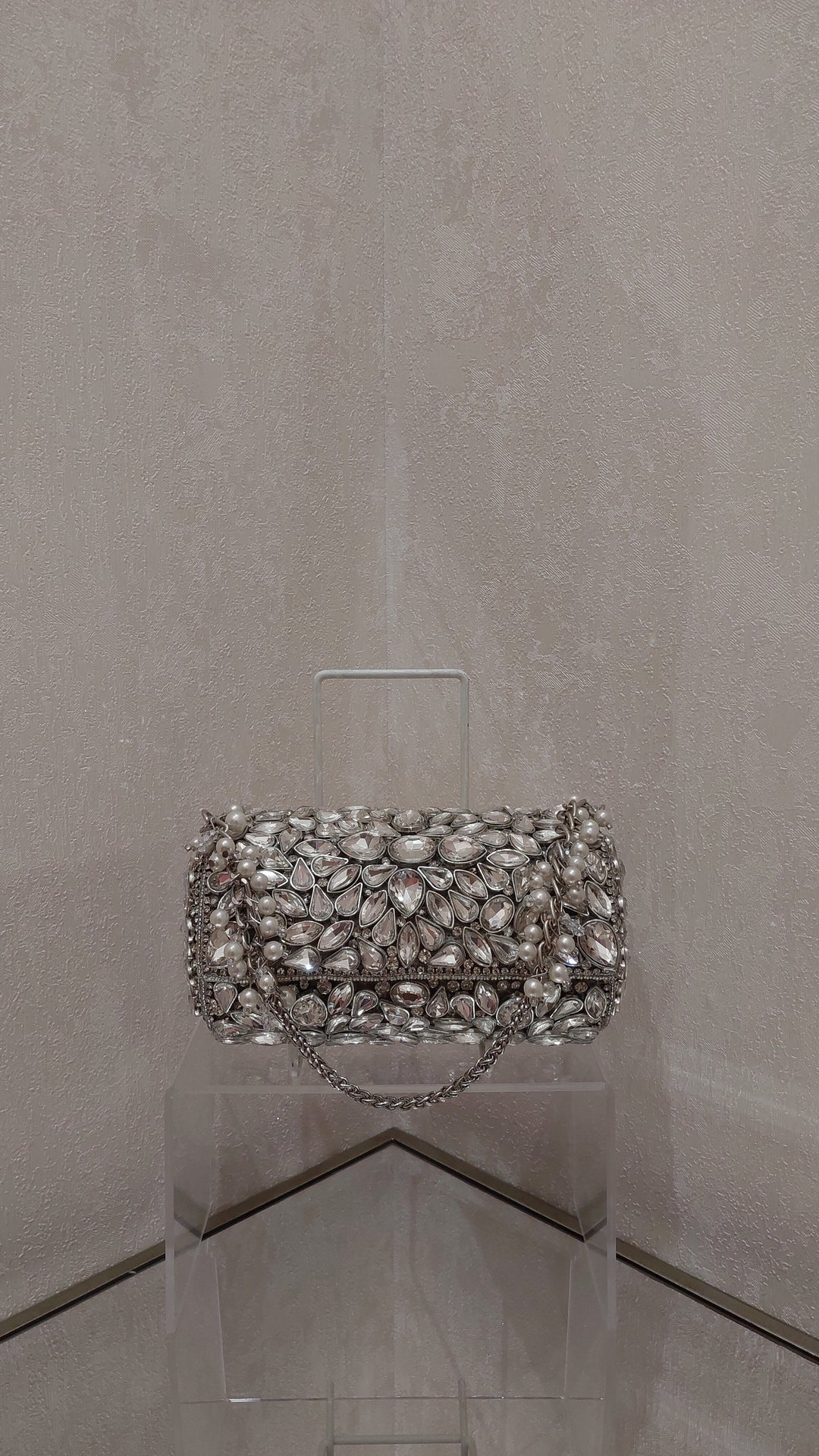 Radiant Crystal & Pearl Embellished Cylinder Clutch | Al Falah