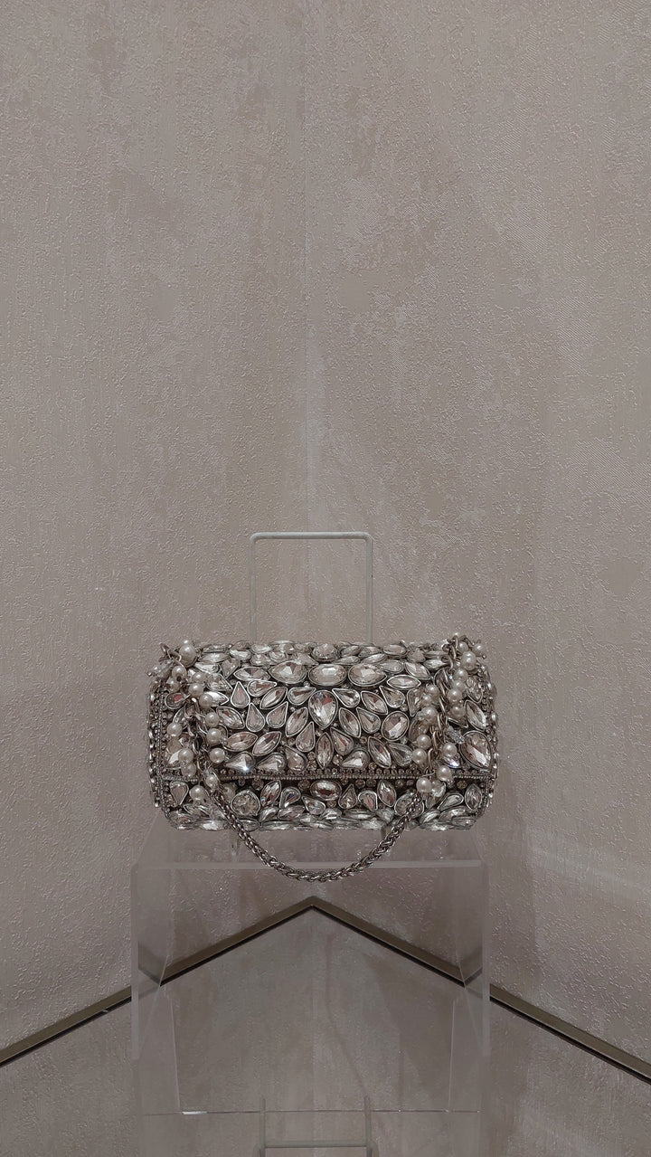 Radiant Crystal & Pearl Embellished Cylinder Clutch | Al Falah