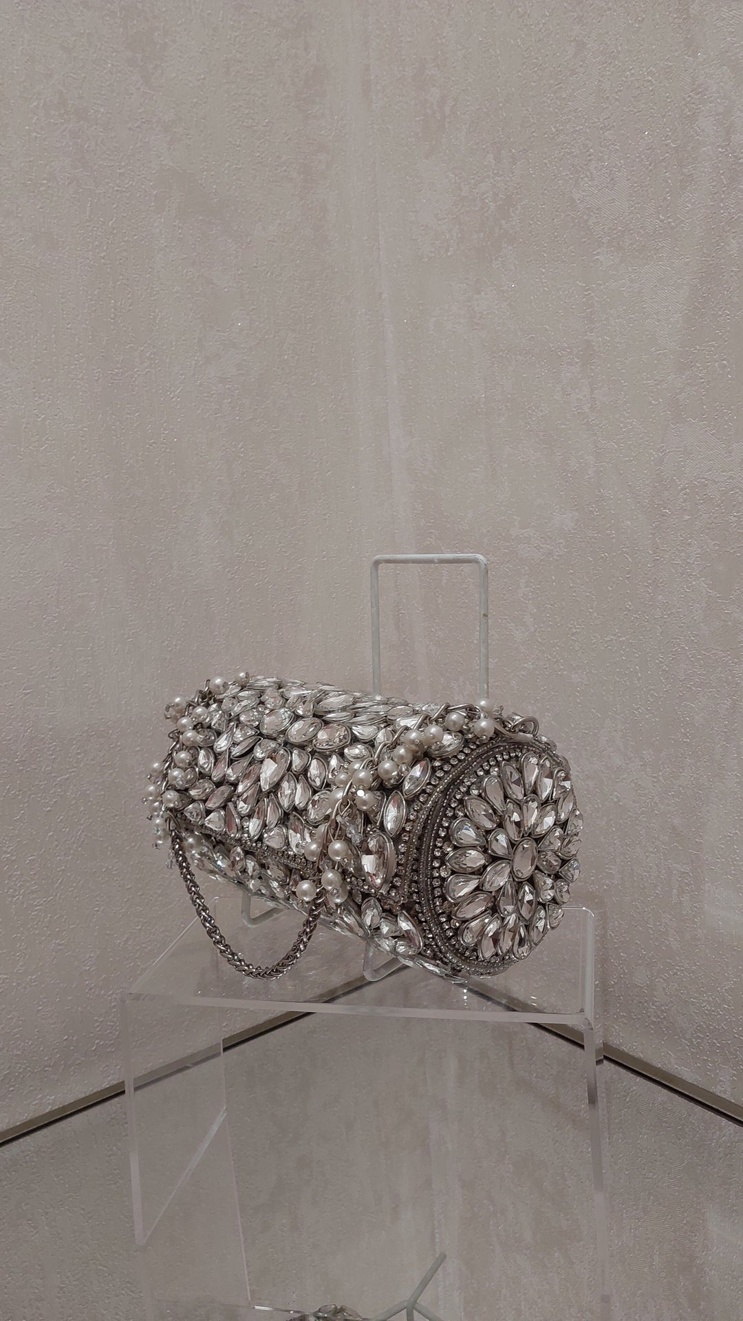 Radiant Crystal & Pearl Embellished Cylinder Clutch | Al Falah