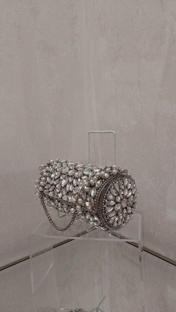 Radiant Crystal & Pearl Embellished Cylinder Clutch | Al Falah