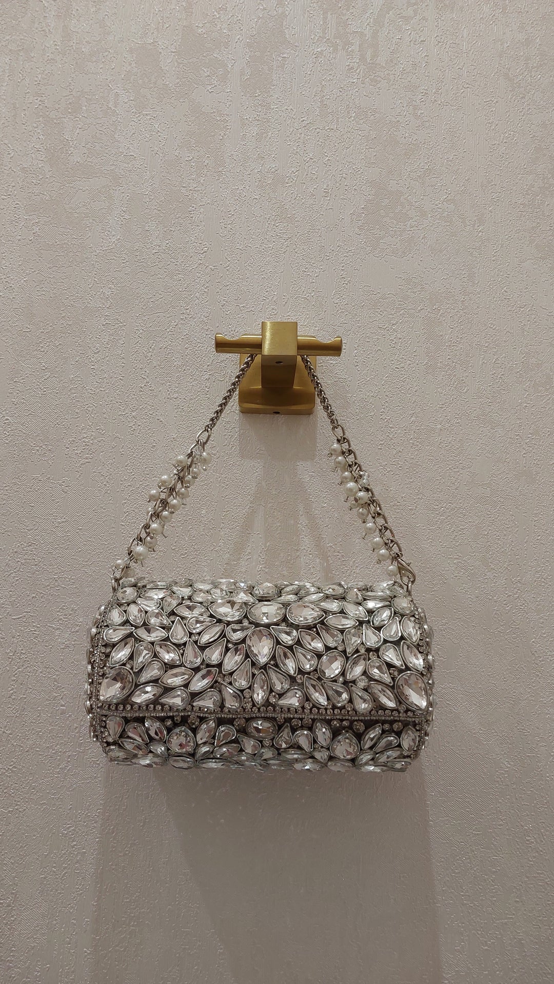 Radiant Crystal & Pearl Embellished Cylinder Clutch | Al Falah