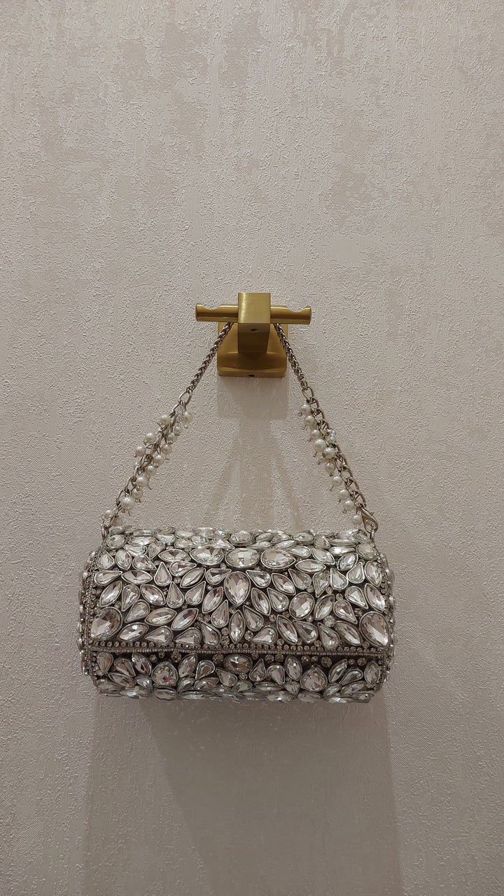 Radiant Crystal & Pearl Embellished Cylinder Clutch | Al Falah