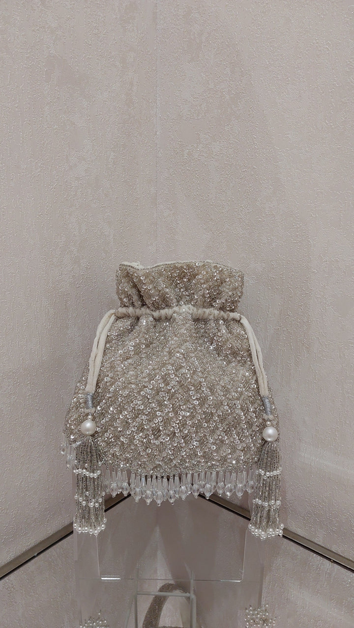 Silver Sequin & Pearl Handcrafted Potli Bag | Al Falah