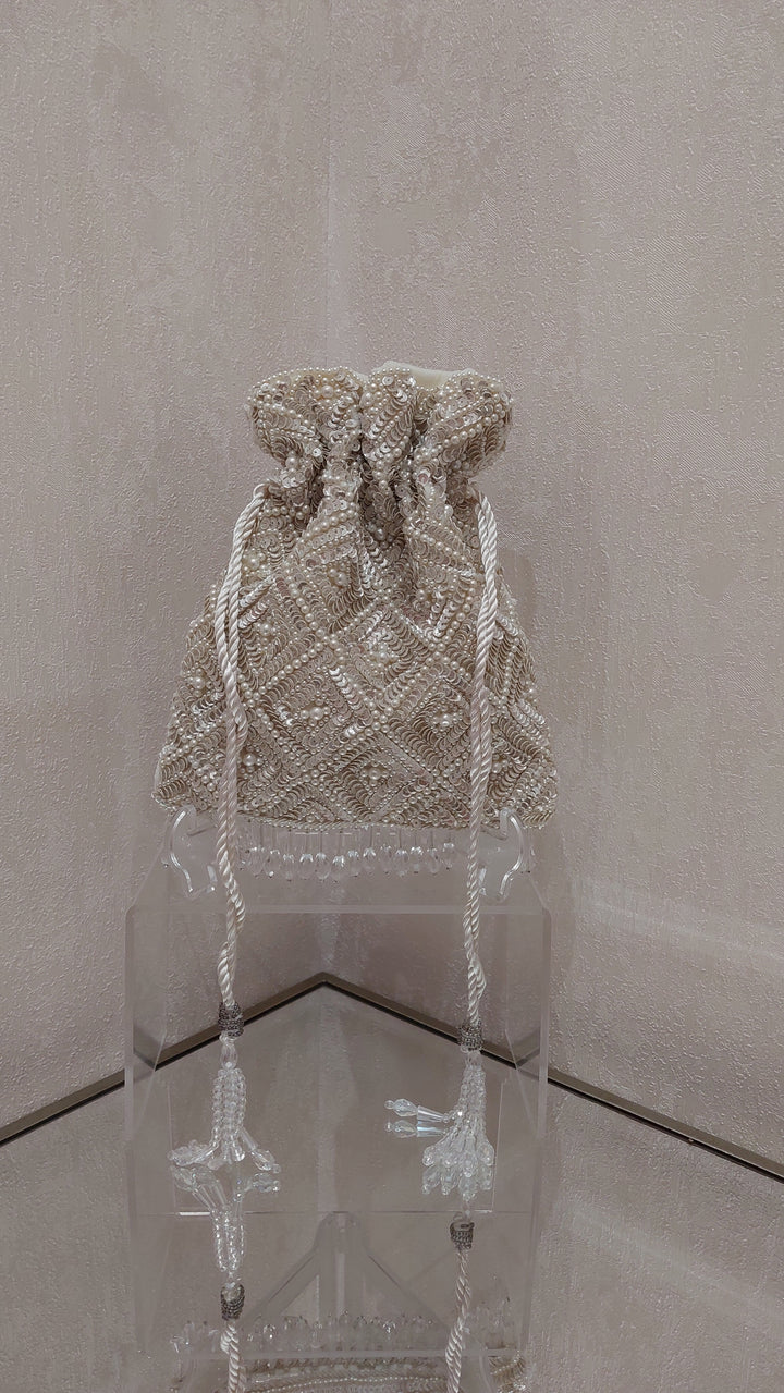 Ivory Beaded and Sequin Handcrafted Potli Bag | Al Falah