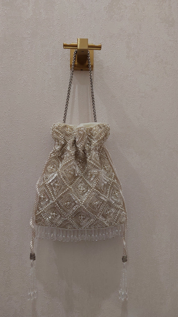 Ivory Beaded and Sequin Handcrafted Potli Bag | Al Falah