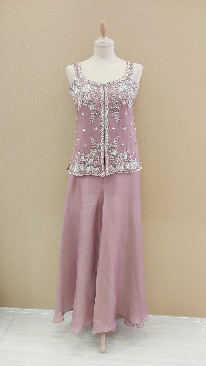 Pink Embroidered Peplum Top and Flared Pants Set| Maya Chabra
