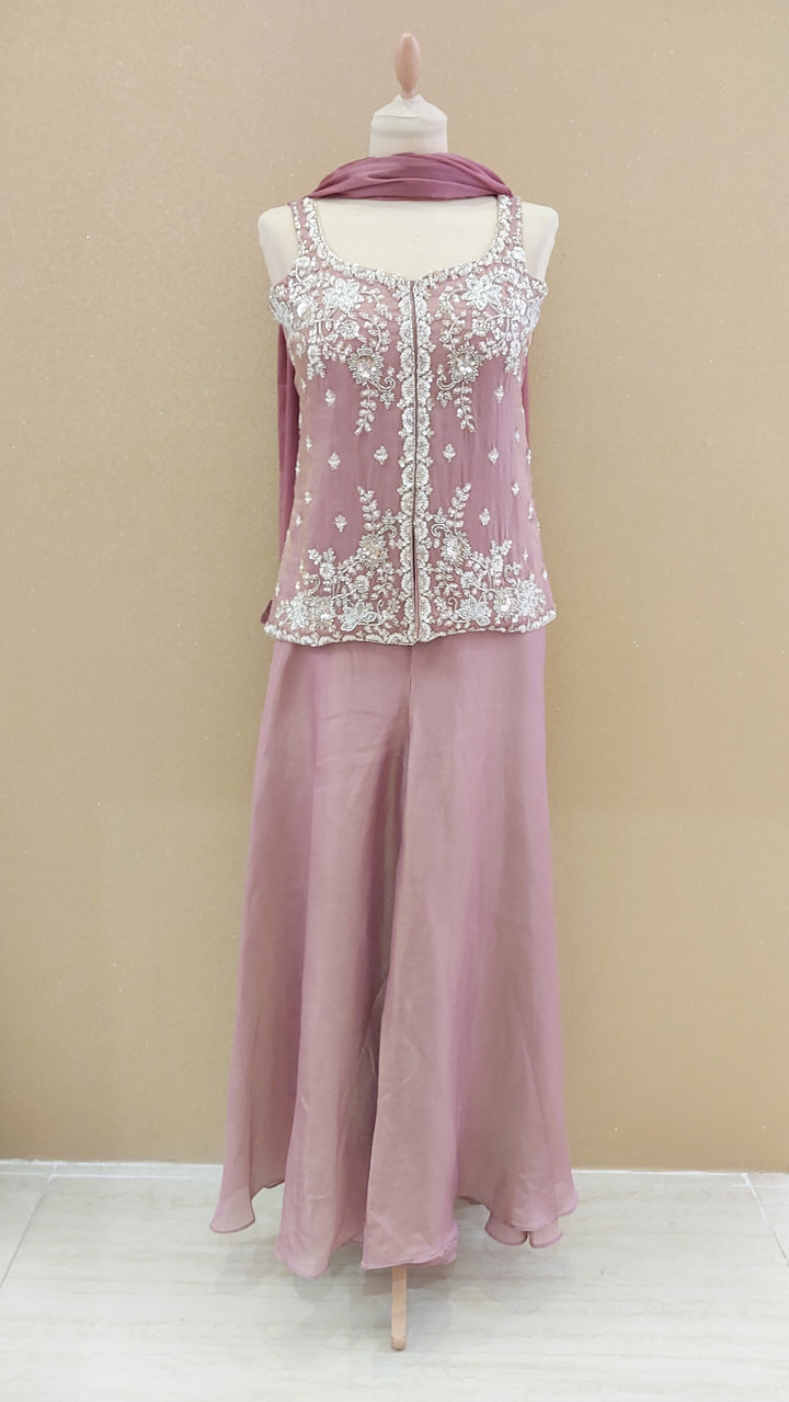 Pink Embroidered Peplum Top and Flared Pants Set| Maya Chabra
