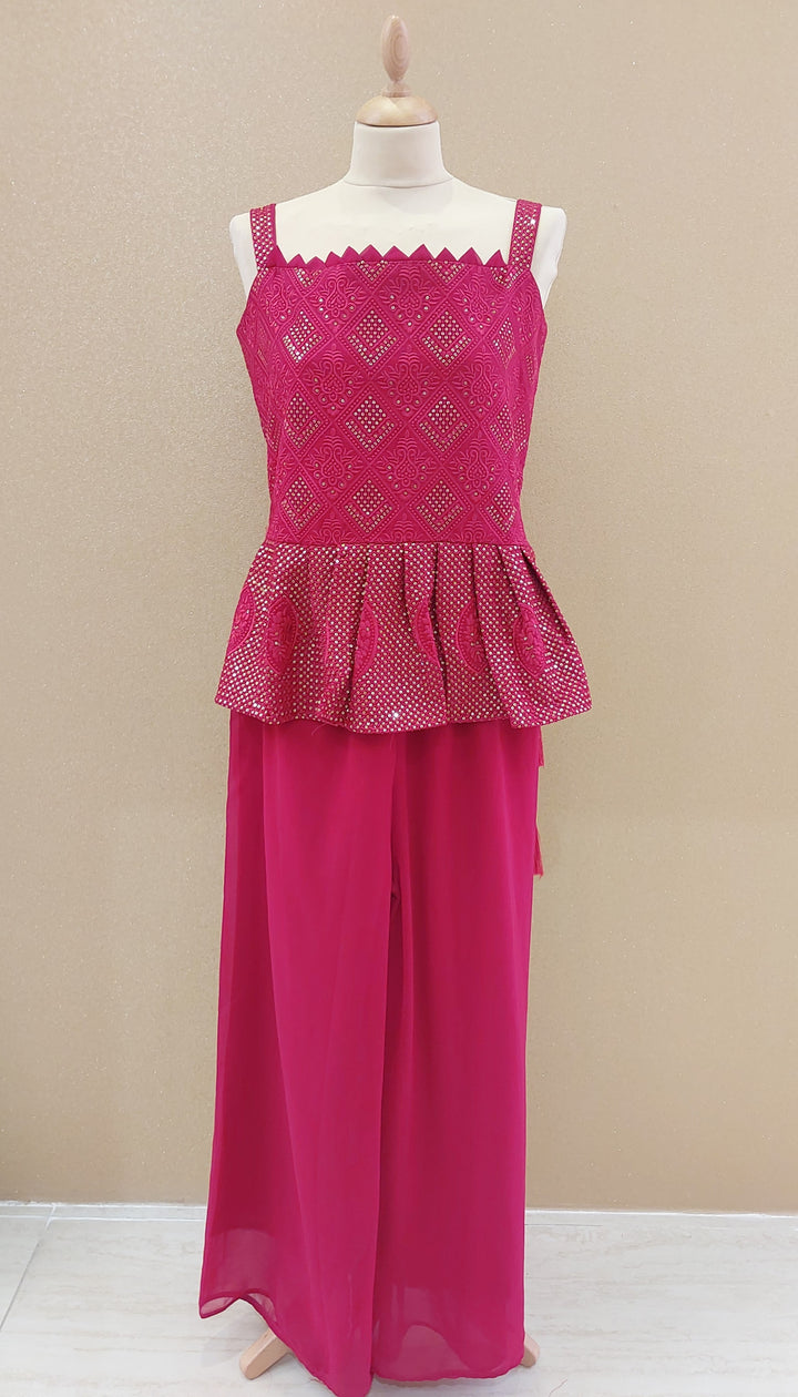 Fuchsia Sequin-Embellished Peplum & Palazzo Set| Maya Chabra