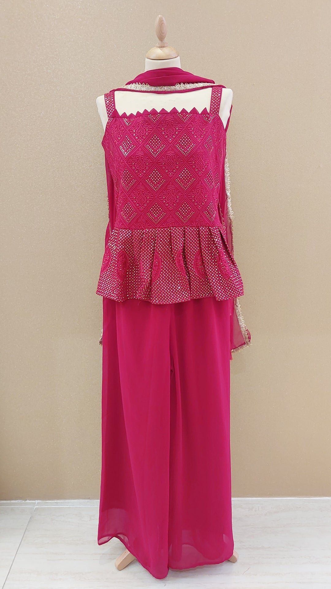 Fuchsia Sequin-Embellished Peplum & Palazzo Set| Maya Chabra