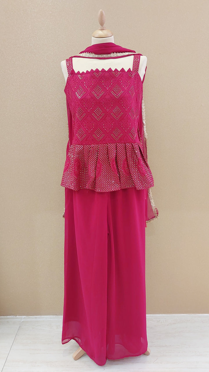 Fuchsia Sequin-Embellished Peplum & Palazzo Set| Maya Chabra