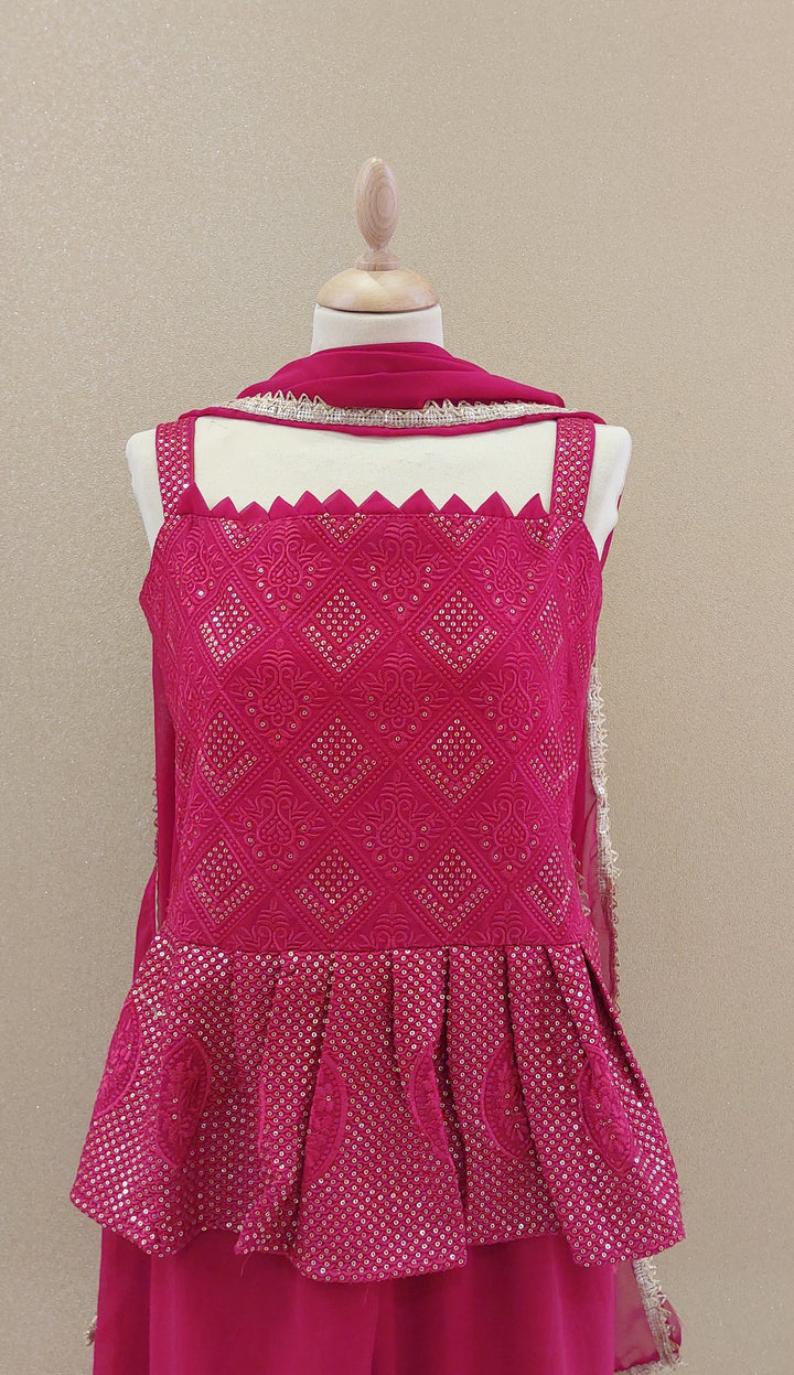 Fuchsia Sequin-Embellished Peplum & Palazzo Set| Maya Chabra