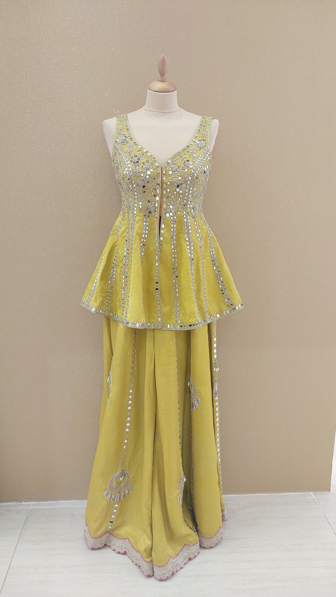 Yellow Embellished Peplum Top and Flowy Pant Set| AURAROZE