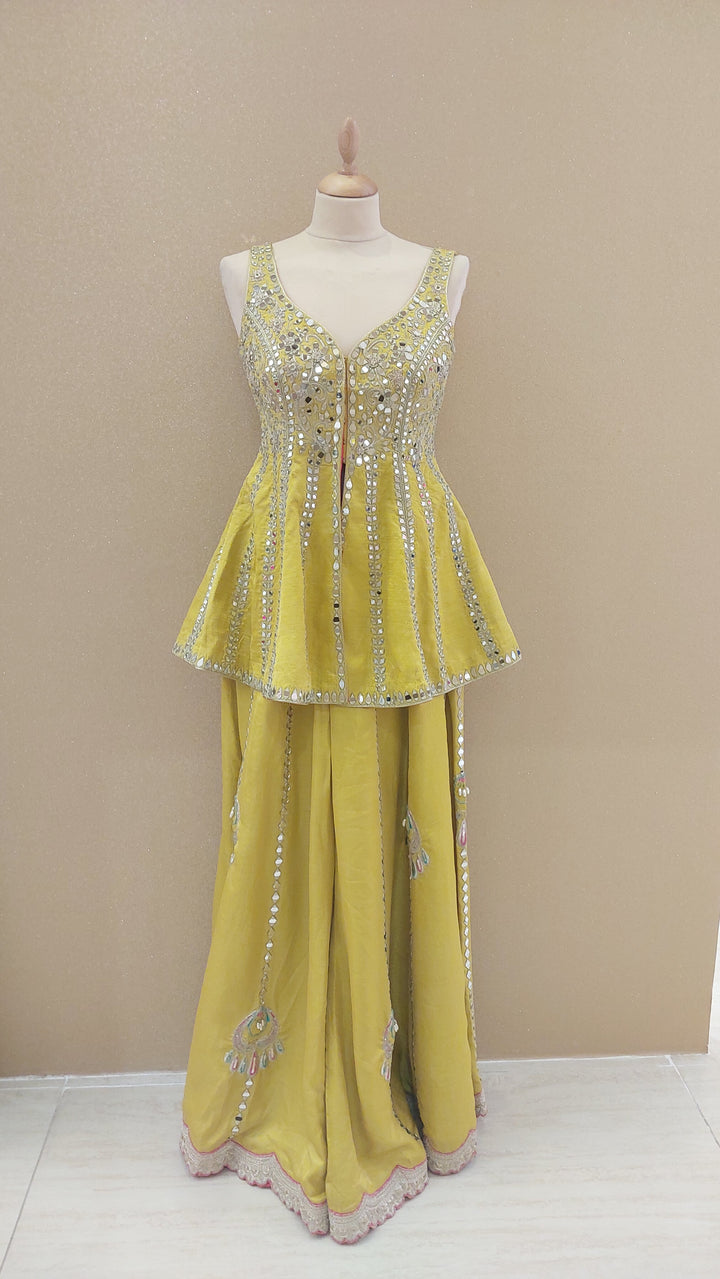 Yellow Embellished Peplum Top and Flowy Pant Set| AURAROZE