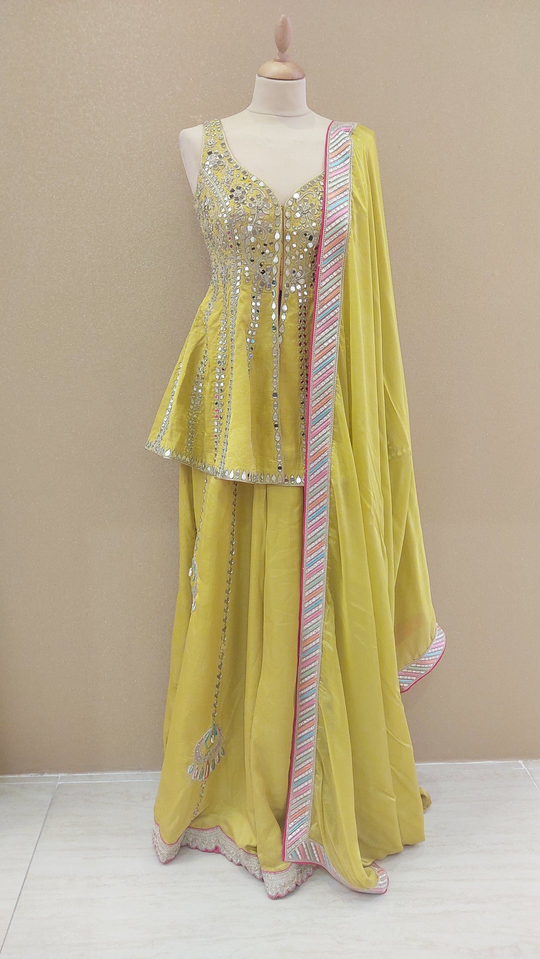 Yellow Embellished Peplum Top and Flowy Pant Set| AURAROZE