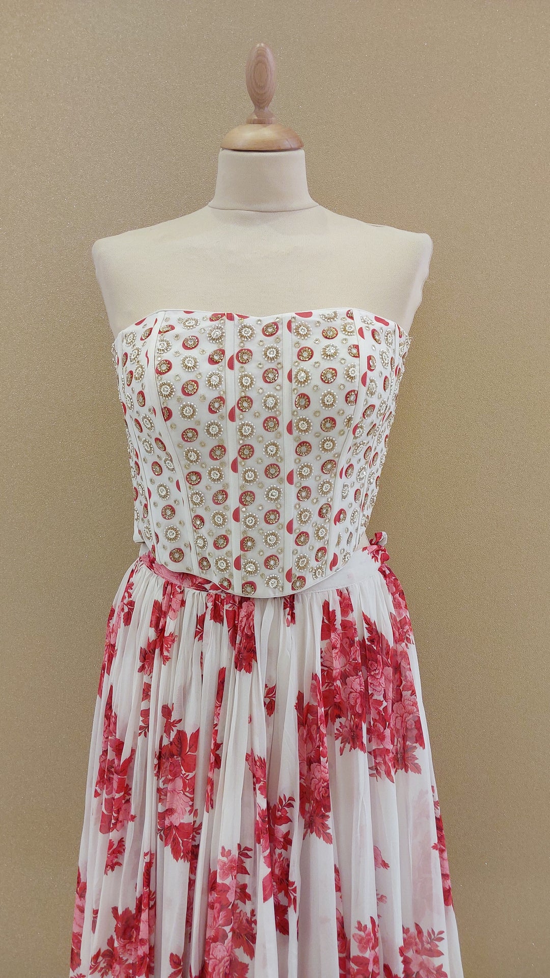 White and Red Embellished Corset Top with Flowy Skirt and Dupatta| SILK SAGA
