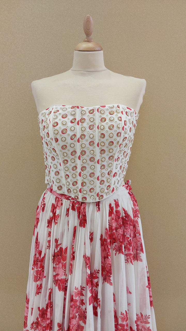 White and Red Embellished Corset Top with Flowy Skirt and Dupatta| SILK SAGA